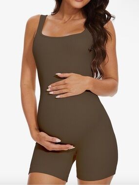 Women's Ribbed Maternity Tank Romper - Brown